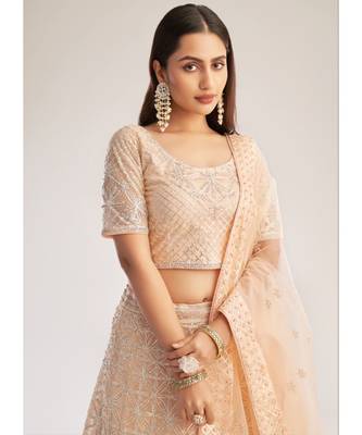 Peach Embroidered Soft Net Wedding Lehenga Choli 4