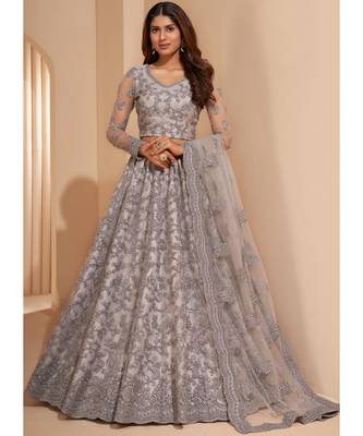 Grey Net Embroidered Bridal Lehenga 1