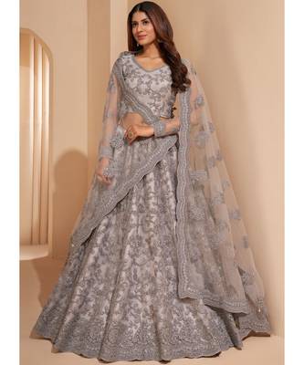 Grey Net Embroidered Bridal Lehenga 3