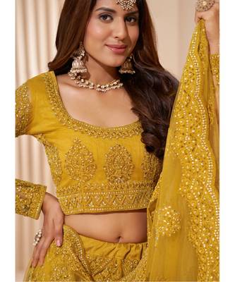 Yellow Net Embroidered Bridal Lehenga 4