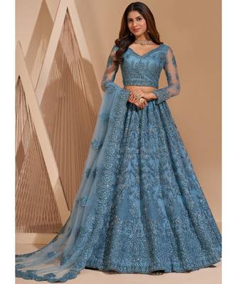 Sky Blue Net Embroidered Bridal Lehenga 1