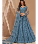 Sky Blue Net Embroidered Bridal Lehenga