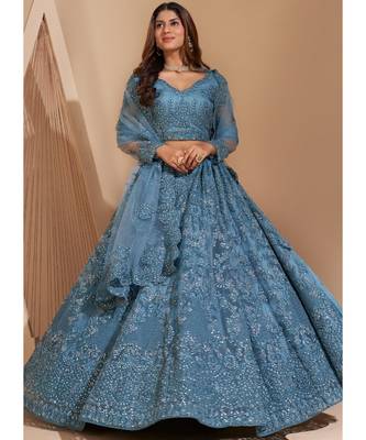 Sky Blue Net Embroidered Bridal Lehenga 2