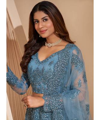 Sky Blue Net Embroidered Bridal Lehenga 3