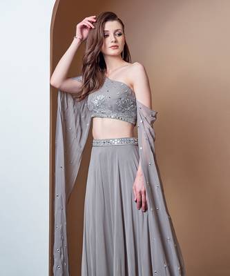 MIRROR WORK FLOWER MOTIF GREY LEHENGA 1