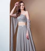 MIRROR WORK FLOWER MOTIF GREY LEHENGA