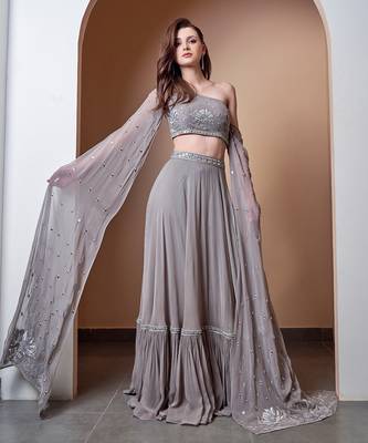 MIRROR WORK FLOWER MOTIF GREY LEHENGA 2