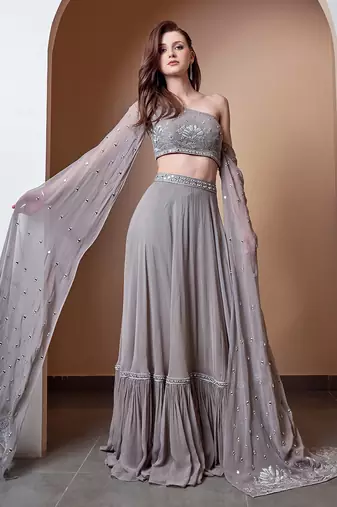 MIRROR WORK FLOWER MOTIF GREY LEHENGA