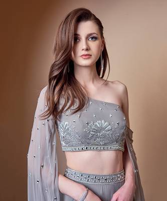 MIRROR WORK FLOWER MOTIF GREY LEHENGA 3