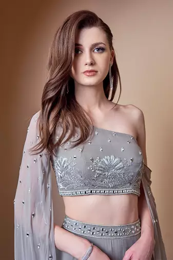 MIRROR WORK FLOWER MOTIF GREY LEHENGA