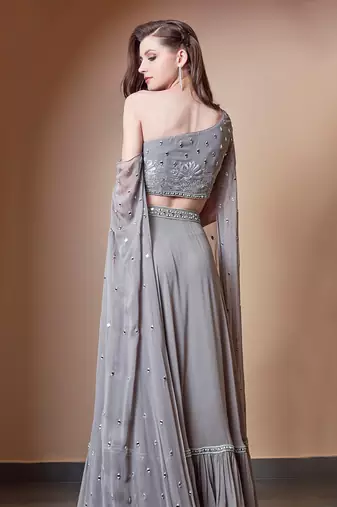MIRROR WORK FLOWER MOTIF GREY LEHENGA
