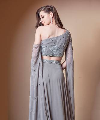 MIRROR WORK FLOWER MOTIF GREY LEHENGA 5