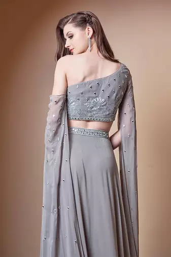 MIRROR WORK FLOWER MOTIF GREY LEHENGA