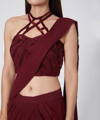 Deep Maroon Drape Saree 3