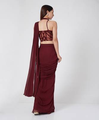 Deep Maroon Drape Saree 4