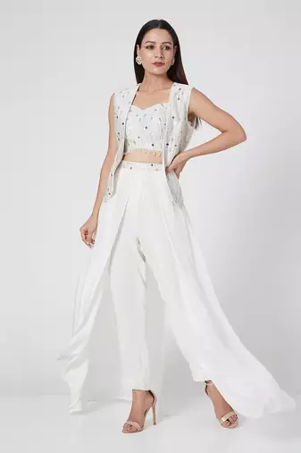 Pants With Mirror Work Crop Top And Jacket