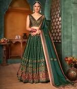 Green Color Digital Printed Pure Rera Silk Bridal Lehenga & Unstitched Blouse With Dupatta