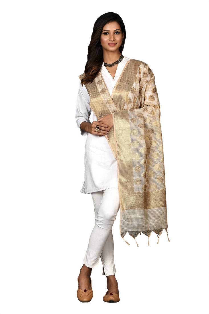 Naveera Women's Handwoven Chanderi Zari Work Banarasi Dupatta