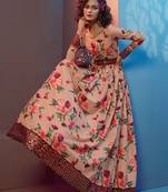 Shubhkala Figurative Peach Print With Sequince Embroidered Natural Crepe Anarkali Long Gown