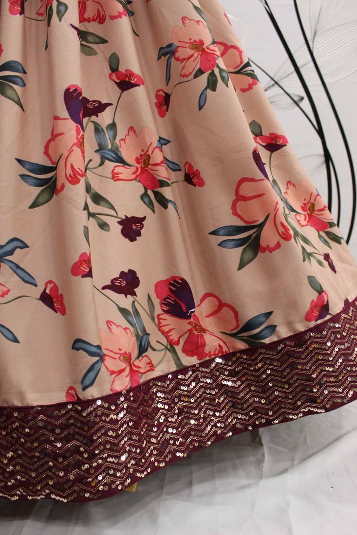 Shubhkala Figurative Peach Print With Sequince Embroidered Natural Crepe Anarkali Long Gown