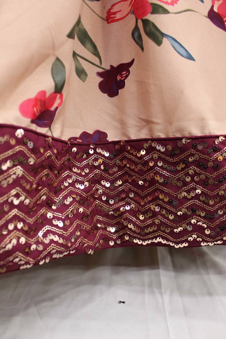 Shubhkala Figurative Peach Print With Sequince Embroidered Natural Crepe Anarkali Long Gown