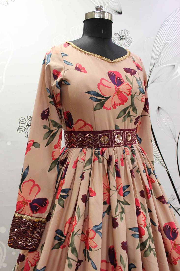 Shubhkala Figurative Peach Print With Sequince Embroidered Natural Crepe Anarkali Long Gown
