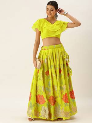 Yellow Color Georgette Thread and Sequins Embroidered Work Semi Stitched Two Piece Lehenga  2