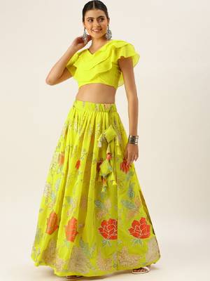 Yellow Color Georgette Thread and Sequins Embroidered Work Semi Stitched Two Piece Lehenga  3