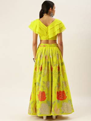 Yellow Color Georgette Thread and Sequins Embroidered Work Semi Stitched Two Piece Lehenga  5