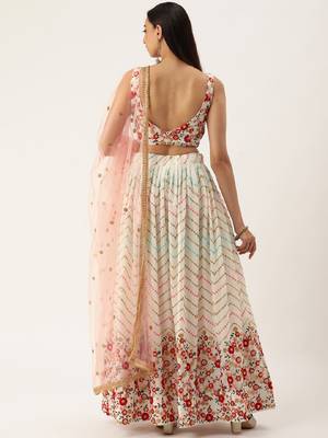 White Color Georgette Sequins and Thread  Embroidery Work Semi Stitched Lehenga Choli  3