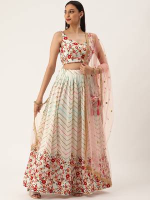 White Color Georgette Sequins and Thread  Embroidery Work Semi Stitched Lehenga Choli  5