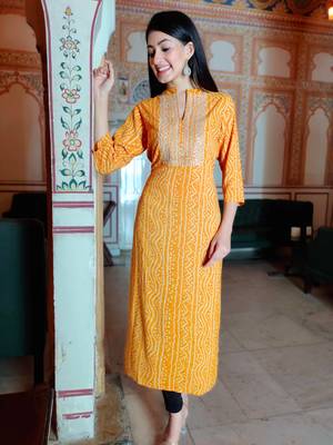 Women's Rayon Designer Bandhej Printed A-Line Embroidered Kurti 1