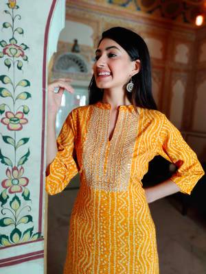 Women's Rayon Designer Bandhej Printed A-Line Embroidered Kurti 2