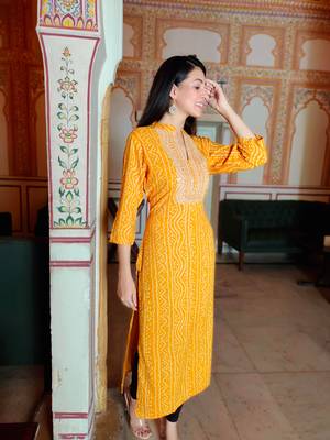 Women's Rayon Designer Bandhej Printed A-Line Embroidered Kurti 3
