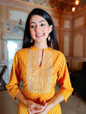 Women's Rayon Designer Bandhej Printed A-Line Embroidered Kurti 4