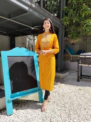 Women's Rayon Designer Bandhej Printed A-Line Embroidered Kurti 5