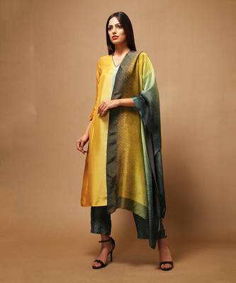 Mustard And Aqua Kurta Pant Set With Dupatta 2