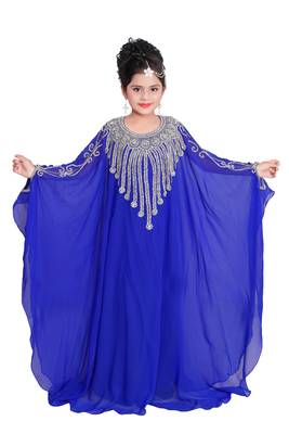 Royal Blue Georgette Hand Embroidered Zari Work Kids Kaftans Party Wear Dresses 1