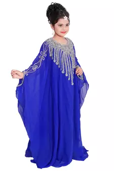 Royal Blue Georgette Hand Embroidered Zari Work Kids Kaftans Party Wear Dresses
