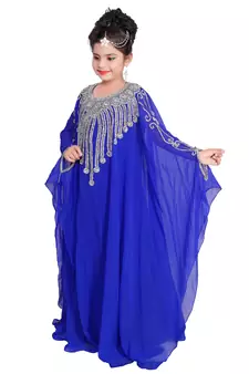 Royal Blue Georgette Hand Embroidered Zari Work Kids Kaftans Party Wear Dresses