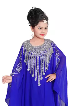 Royal Blue Georgette Hand Embroidered Zari Work Kids Kaftans Party Wear Dresses