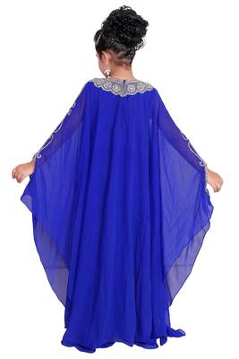 Royal Blue Georgette Hand Embroidered Zari Work Kids Kaftans Party Wear Dresses 5