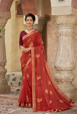 Lifestyle red woven brasso brasso sarees with unstitched blouse pcs 1