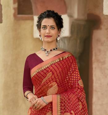 Lifestyle red woven brasso brasso sarees with unstitched blouse pcs 2
