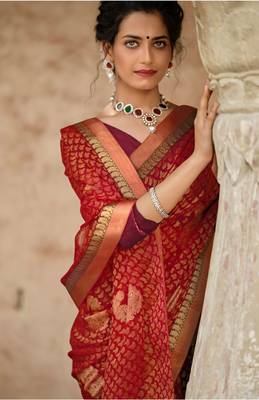 Lifestyle red woven brasso brasso sarees with unstitched blouse pcs 3