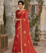 Lifestyle red woven brasso brasso sarees with unstitched blouse pcs