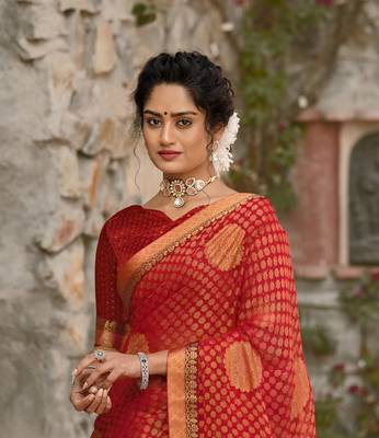 Lifestyle red woven brasso brasso sarees with unstitched blouse pcs 2