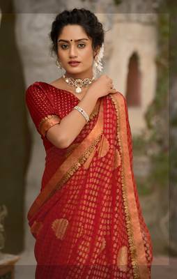 Lifestyle red woven brasso brasso sarees with unstitched blouse pcs 3