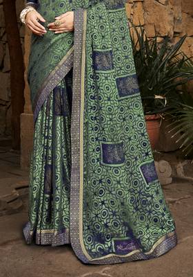 Lifestyle green woven brasso brasso sarees with unstitched blouse pcs 4