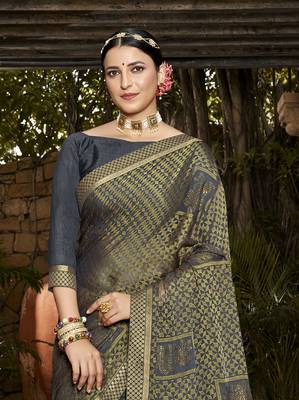 Lifestyle grey woven brasso brasso sarees with unstitched blouse pcs 2